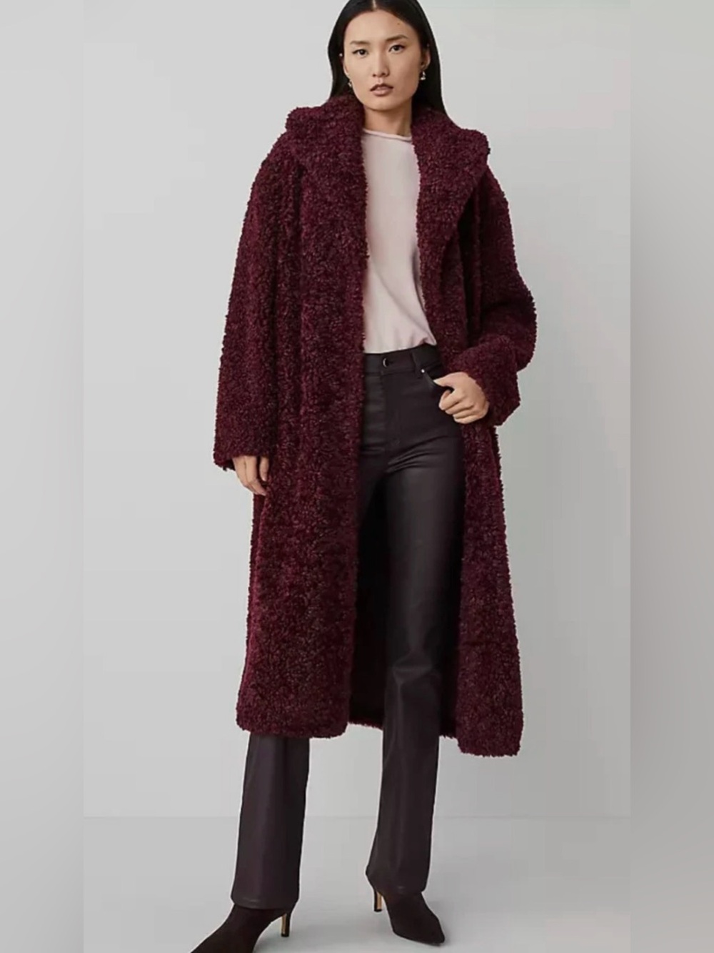 NEW ANN TAYLOR MAUVE ROSE PETITE FAUX FUR TEDDY COAT SIZE LP